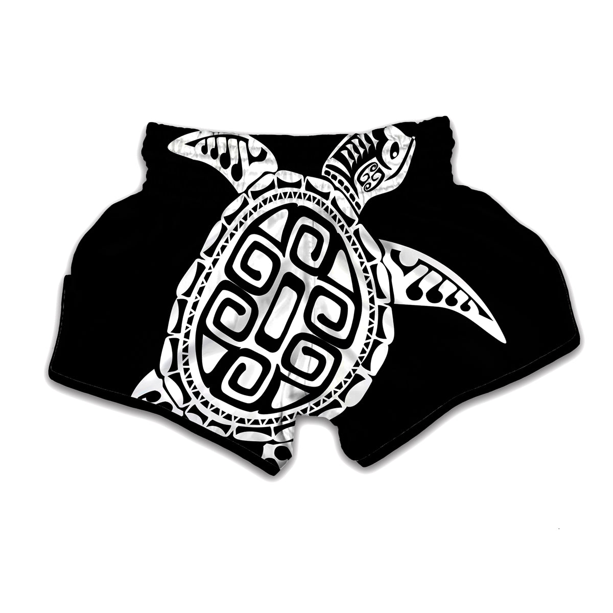 Black And White Maori Sea Turtle Print Muay Thai Boxing Shorts