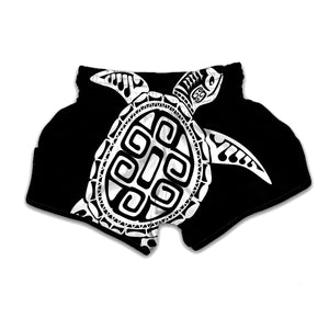 Black And White Maori Sea Turtle Print Muay Thai Boxing Shorts