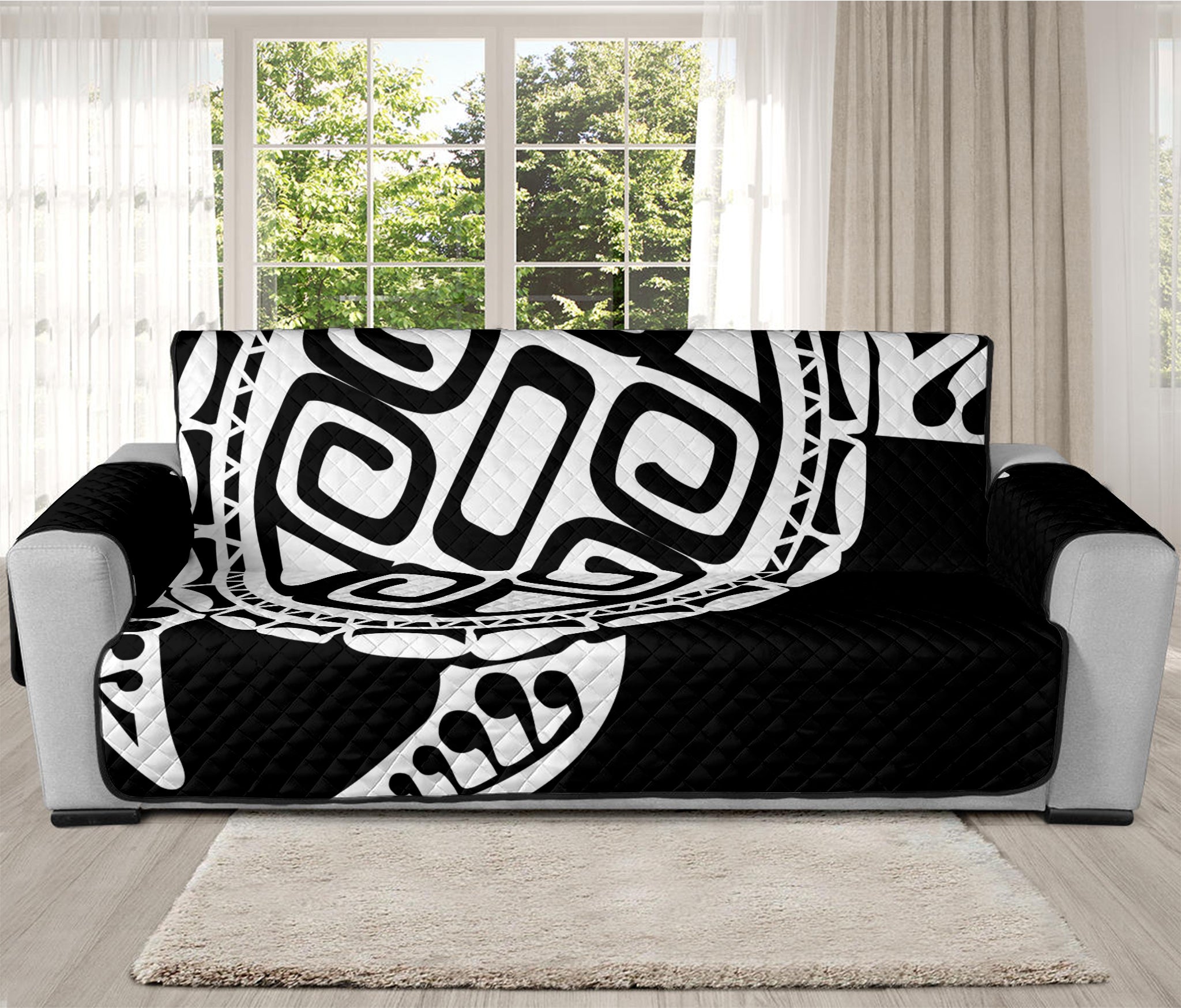 Black And White Maori Sea Turtle Print Oversized Sofa Protector