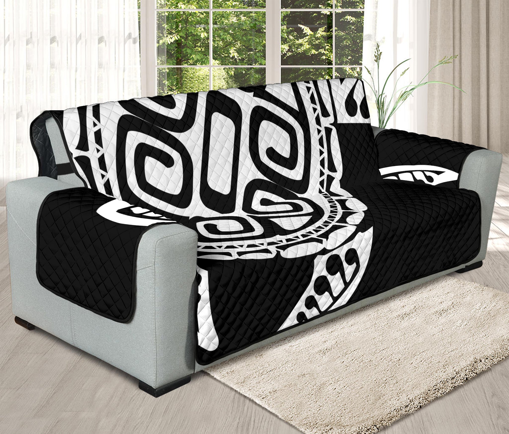 Black And White Maori Sea Turtle Print Oversized Sofa Protector