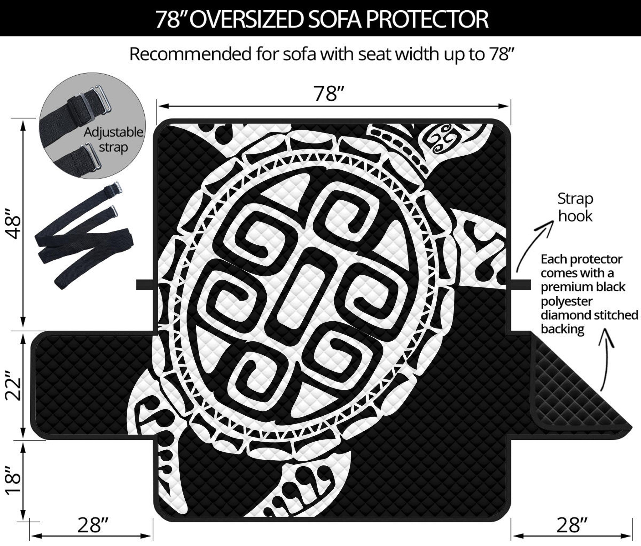 Black And White Maori Sea Turtle Print Oversized Sofa Protector