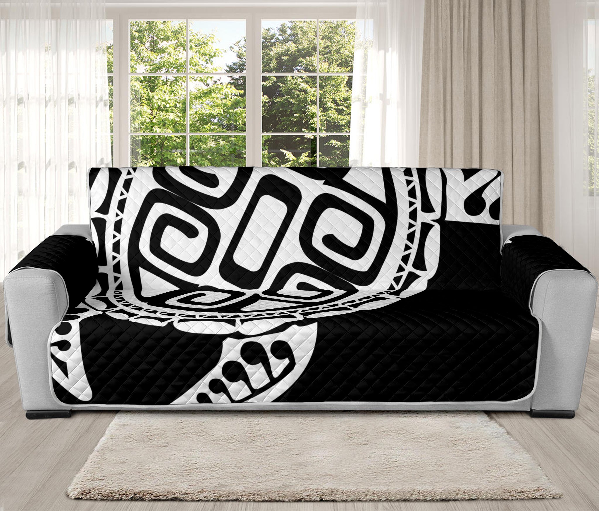 Black And White Maori Sea Turtle Print Oversized Sofa Protector