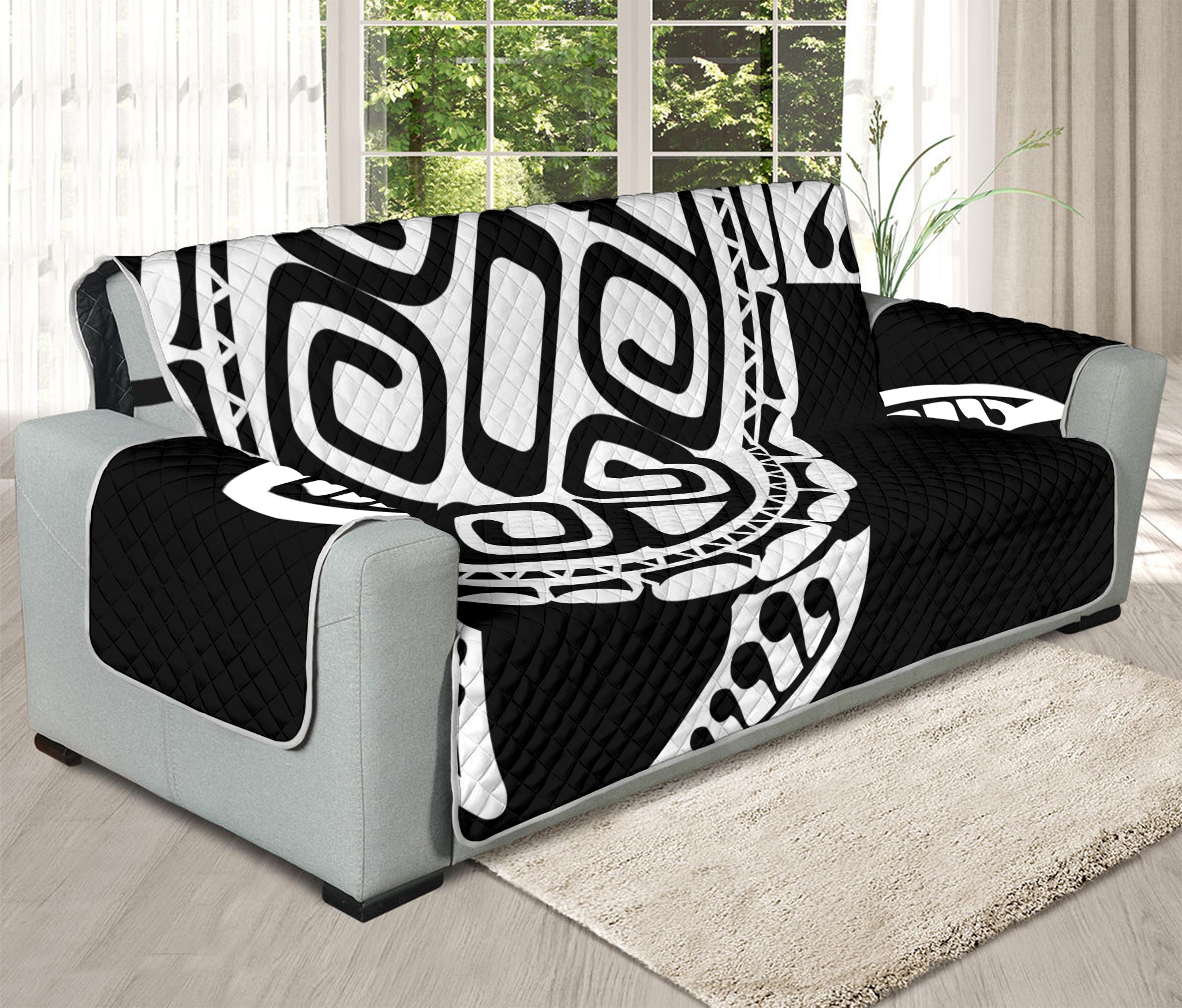 Black And White Maori Sea Turtle Print Oversized Sofa Protector