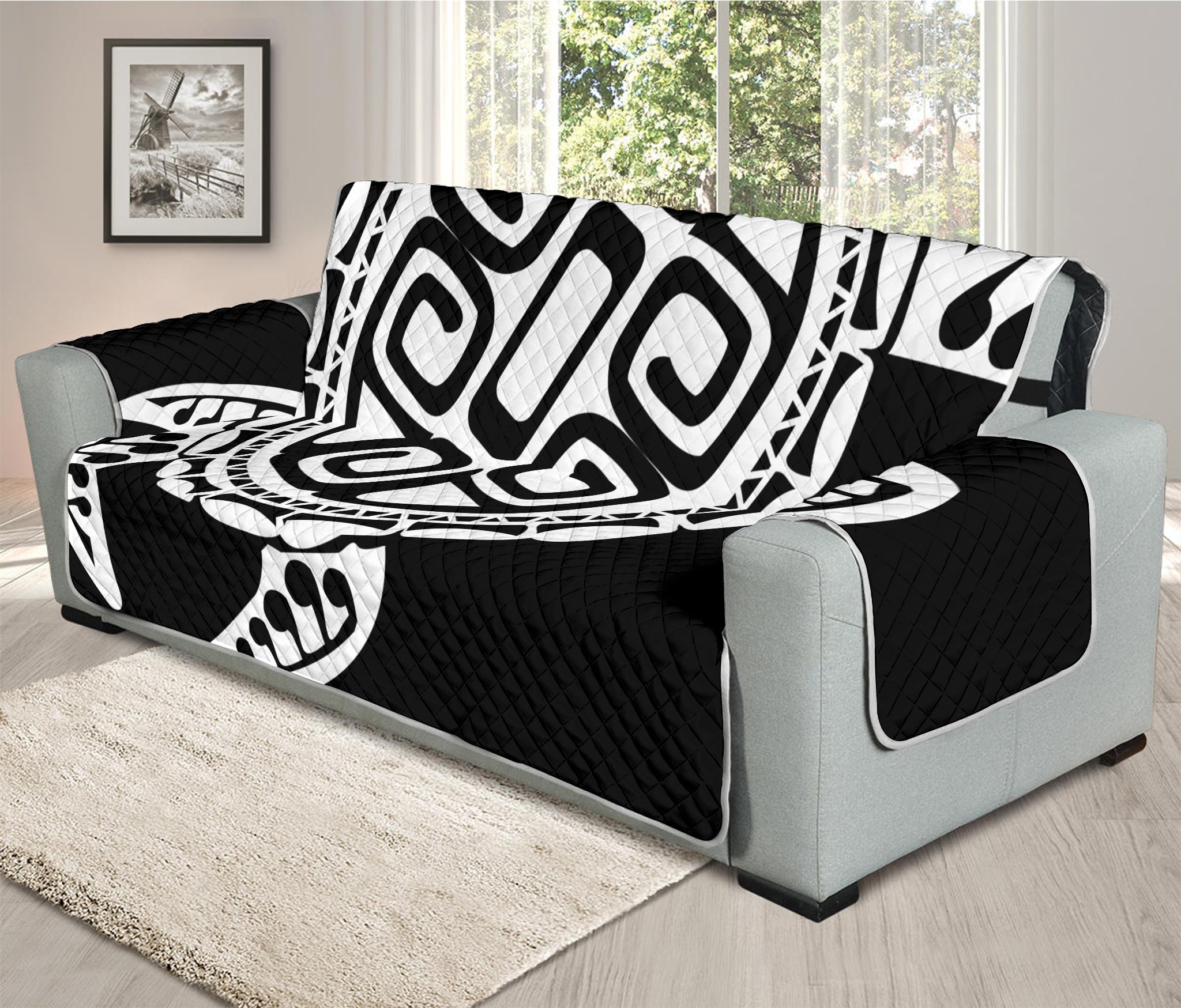 Black And White Maori Sea Turtle Print Oversized Sofa Protector