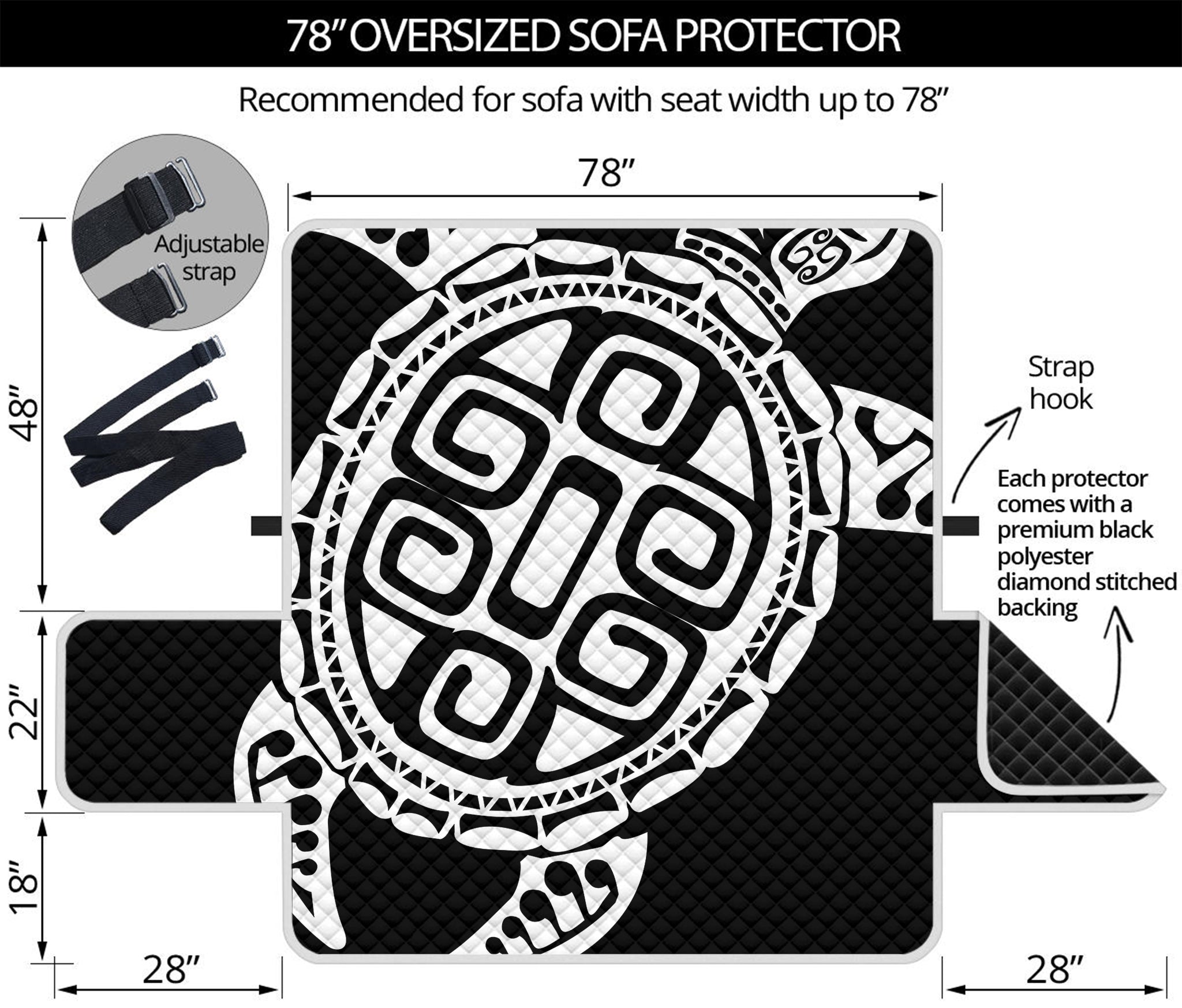 Black And White Maori Sea Turtle Print Oversized Sofa Protector