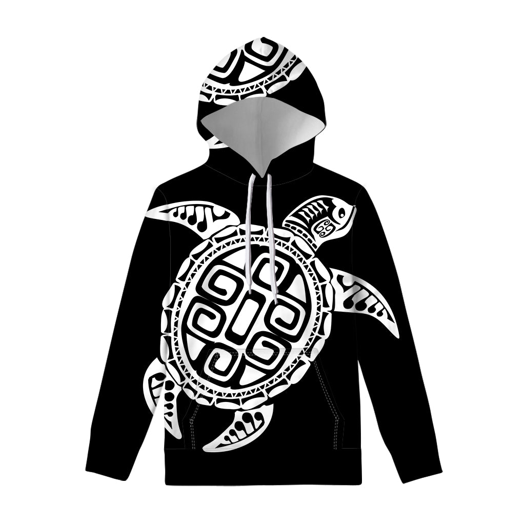 Black And White Maori Sea Turtle Print Pullover Hoodie