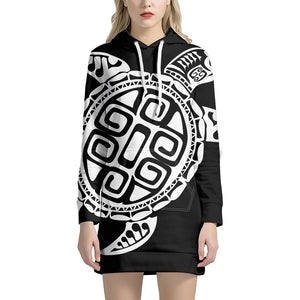 Black And White Maori Sea Turtle Print Pullover Hoodie Dress