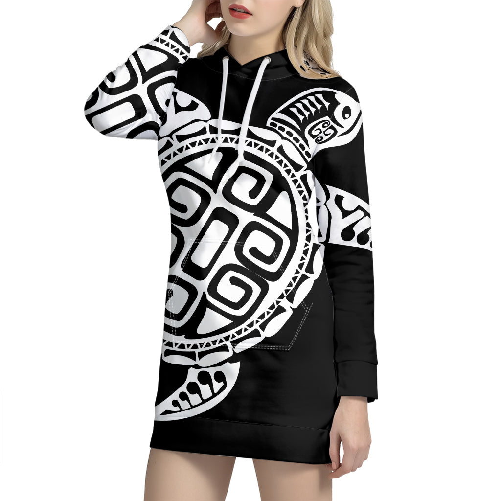 Black And White Maori Sea Turtle Print Pullover Hoodie Dress