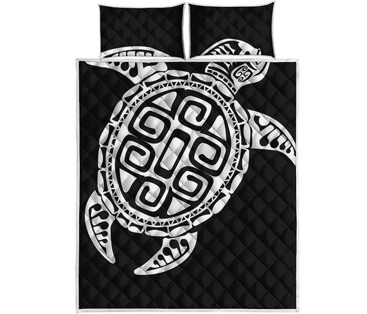 Black And White Maori Sea Turtle Print Quilt Bed Set