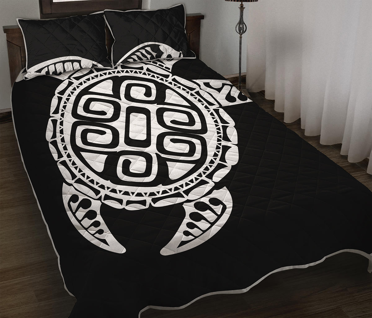 Black And White Maori Sea Turtle Print Quilt Bed Set