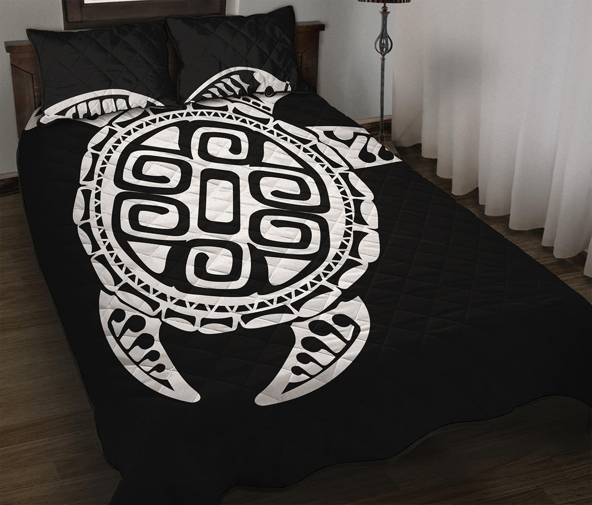 Black And White Maori Sea Turtle Print Quilt Bed Set