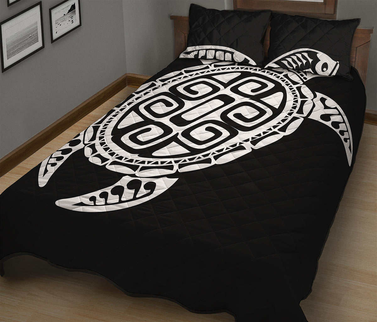 Black And White Maori Sea Turtle Print Quilt Bed Set