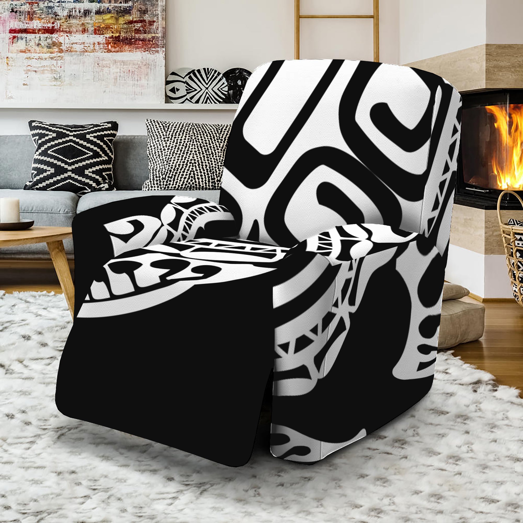 Black And White Maori Sea Turtle Print Recliner Slipcover