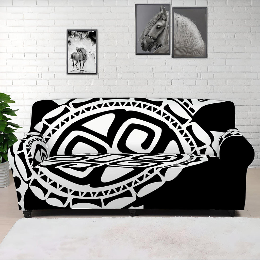 Black And White Maori Sea Turtle Print Sofa Cover