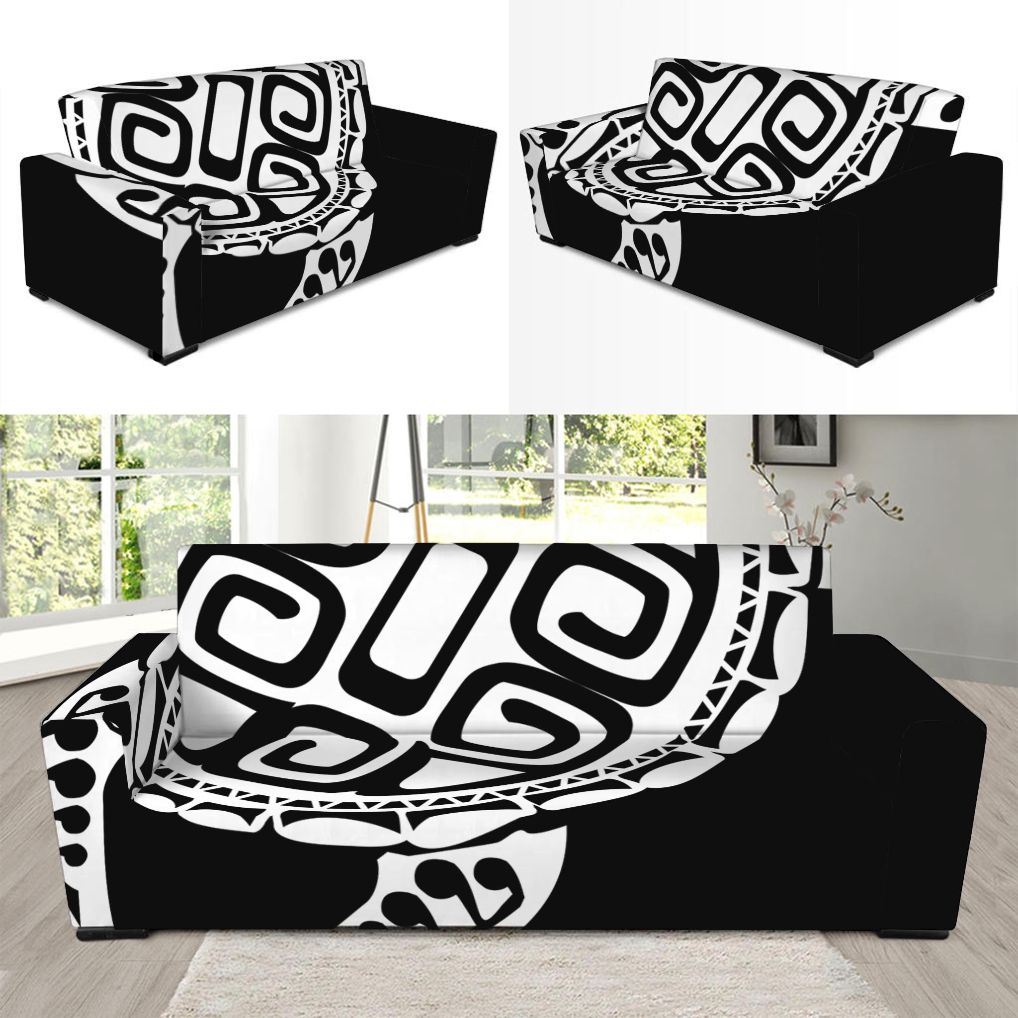 Black And White Maori Sea Turtle Print Sofa Slipcover