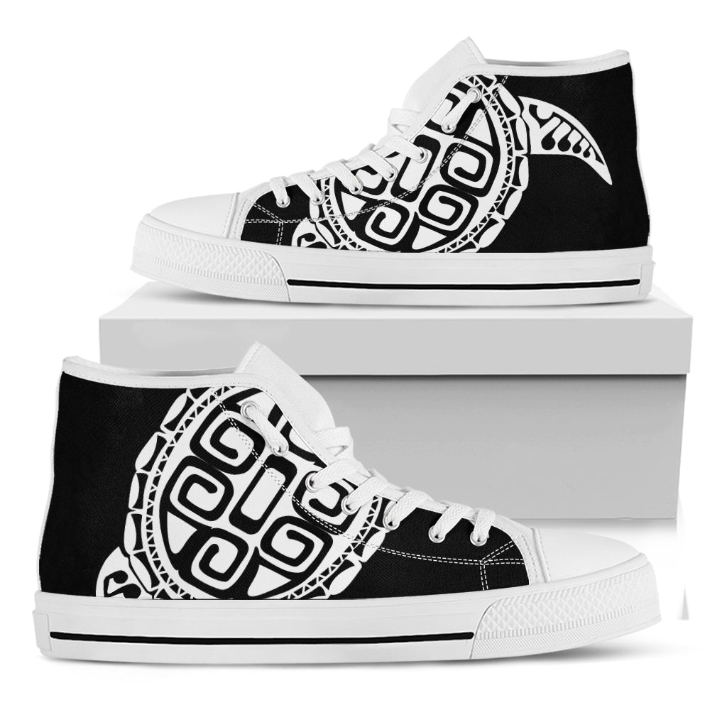 Black And White Maori Sea Turtle Print White High Top Shoes