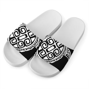 Black And White Maori Sea Turtle Print White Slide Sandals