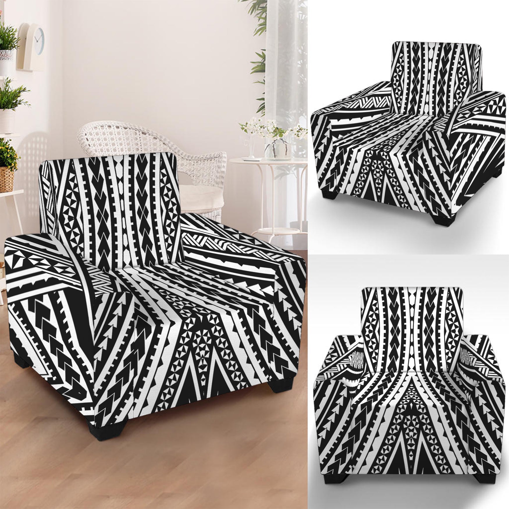 Black And White Maori Tattoo Print Armchair Slipcover