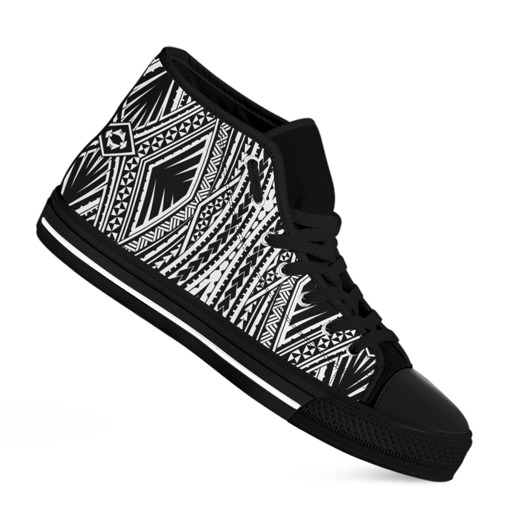 Black And White Maori Tattoo Print Black High Top Shoes