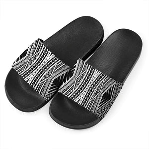 Black And White Maori Tattoo Print Black Slide Sandals