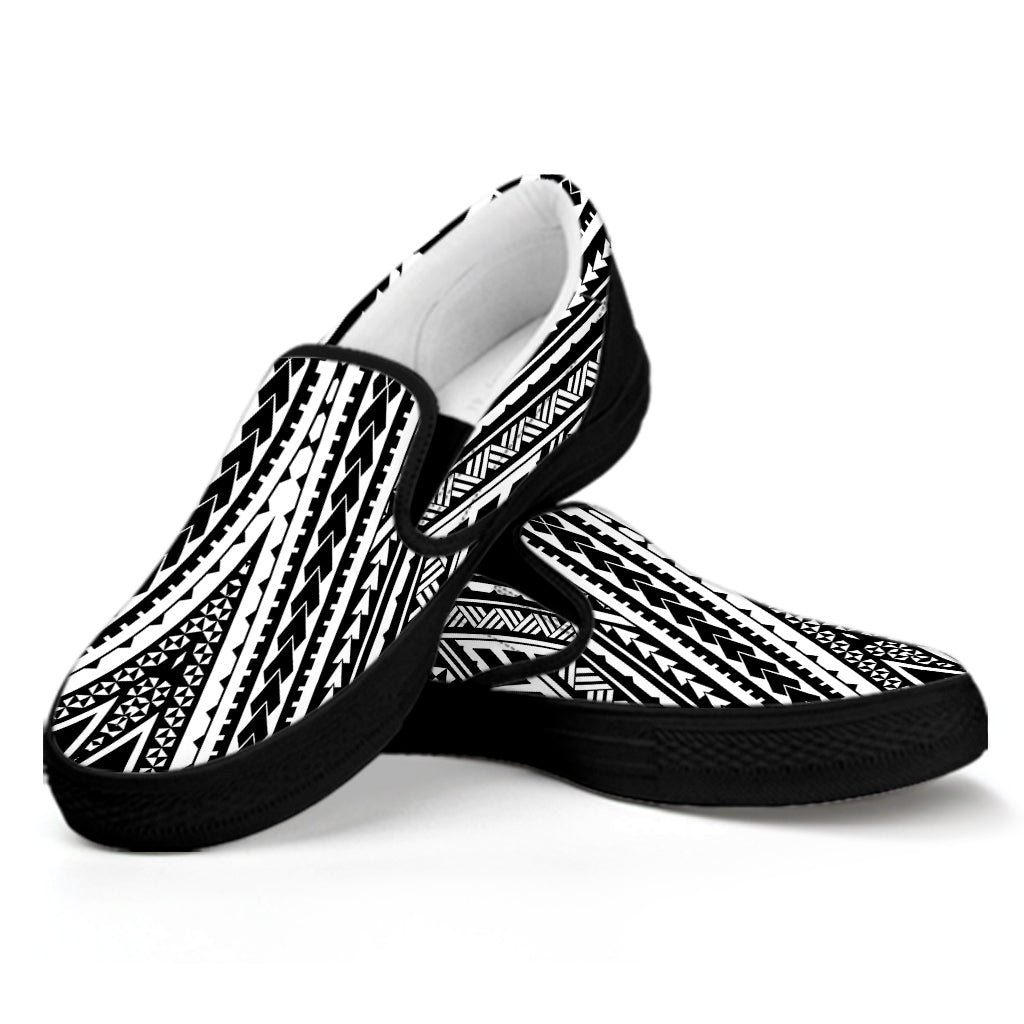 Black And White Maori Tattoo Print Black Slip On Shoes