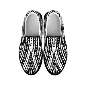 Black And White Maori Tattoo Print Black Slip On Shoes