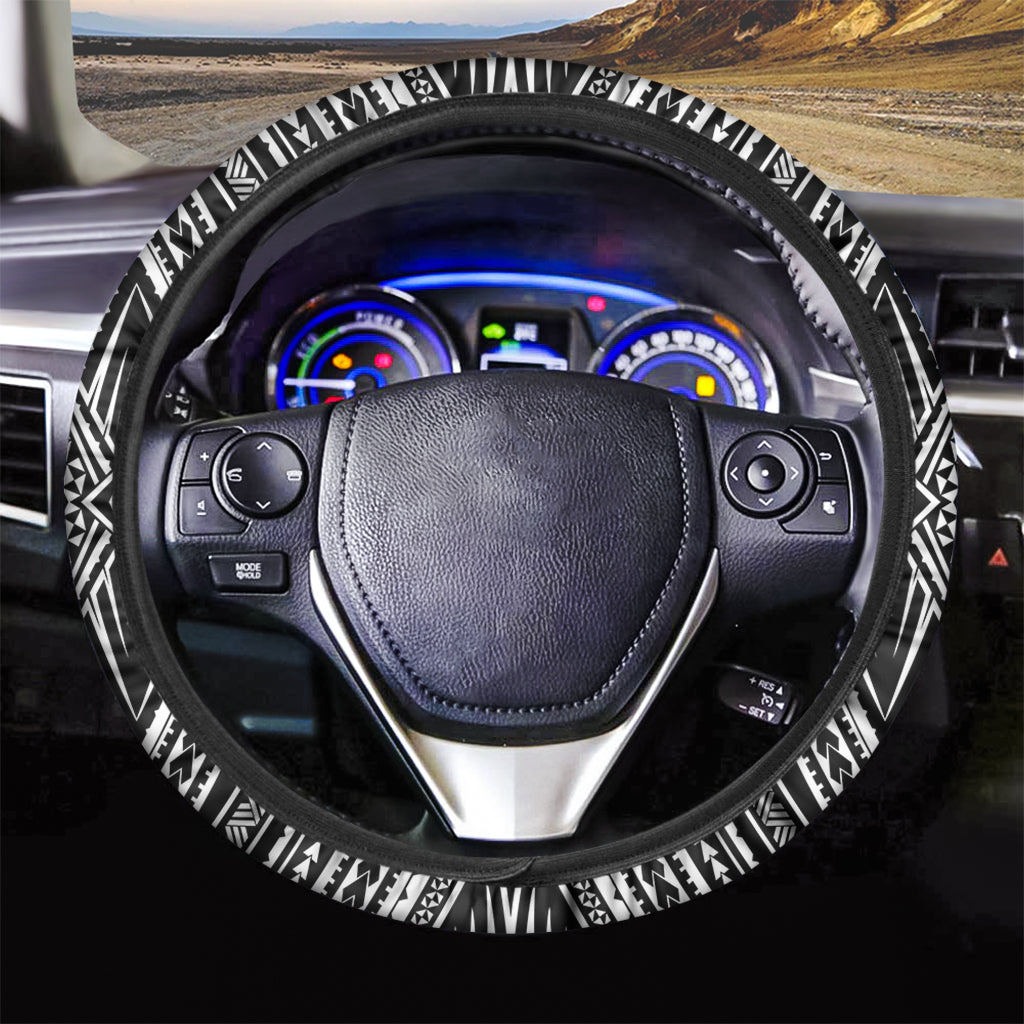 Black And White Maori Tattoo Print Car Steering Wheel Cover