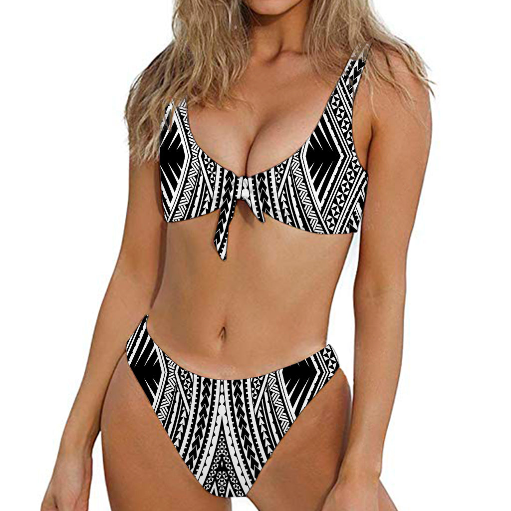 Black And White Maori Tattoo Print Front Bow Tie Bikini