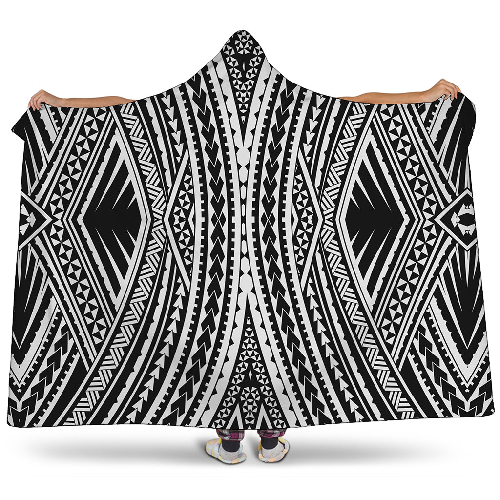 Black And White Maori Tattoo Print Hooded Blanket