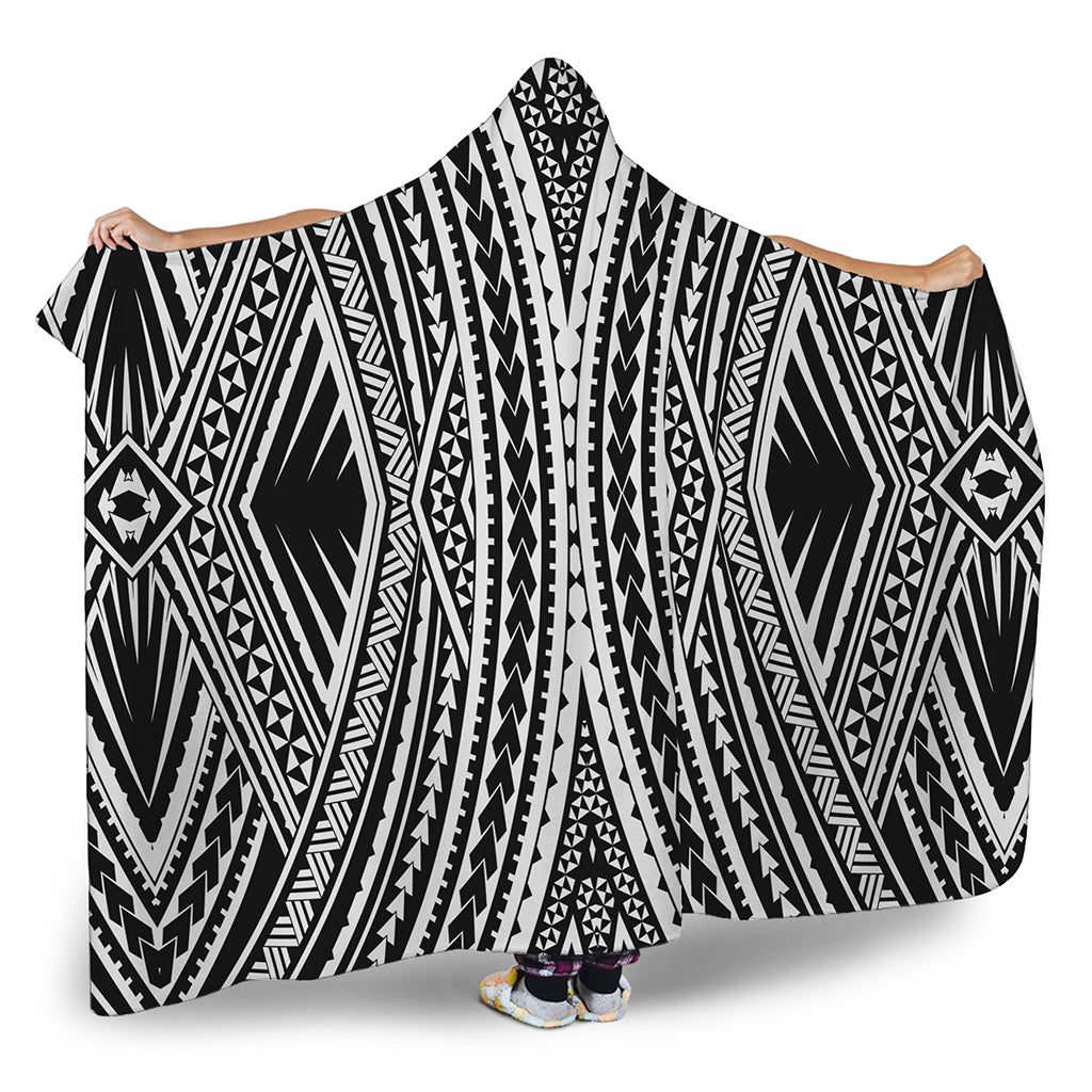 Black And White Maori Tattoo Print Hooded Blanket