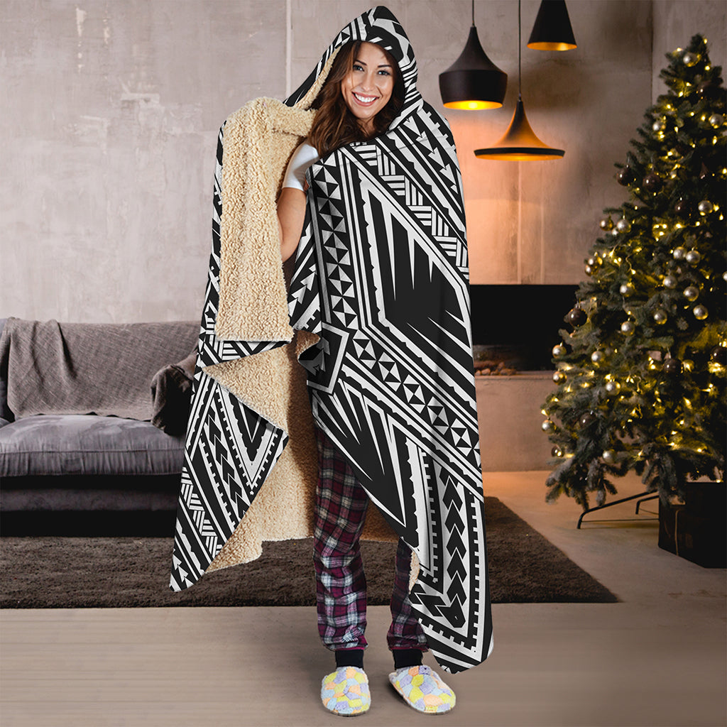 Black And White Maori Tattoo Print Hooded Blanket