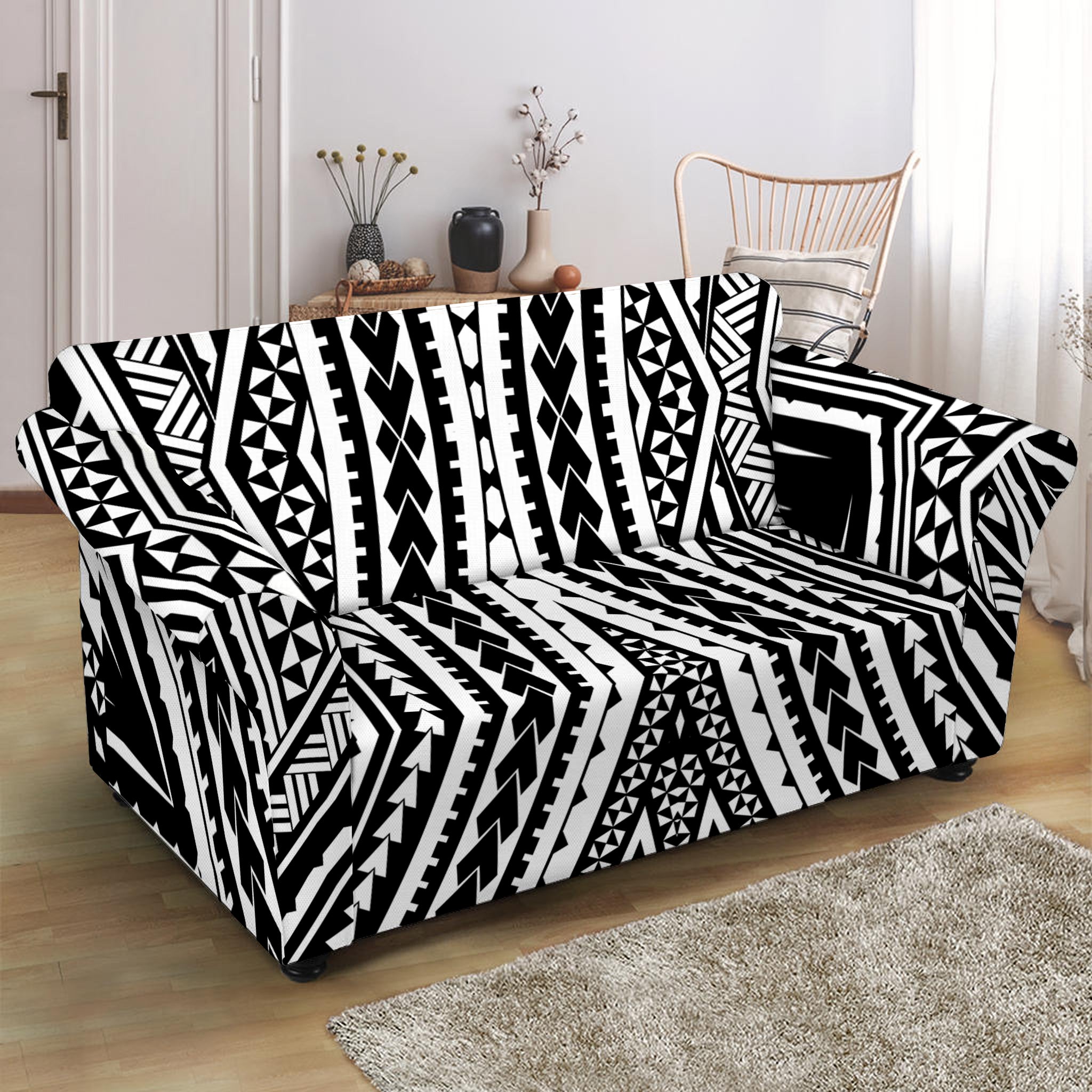 Black And White Maori Tattoo Print Loveseat Slipcover