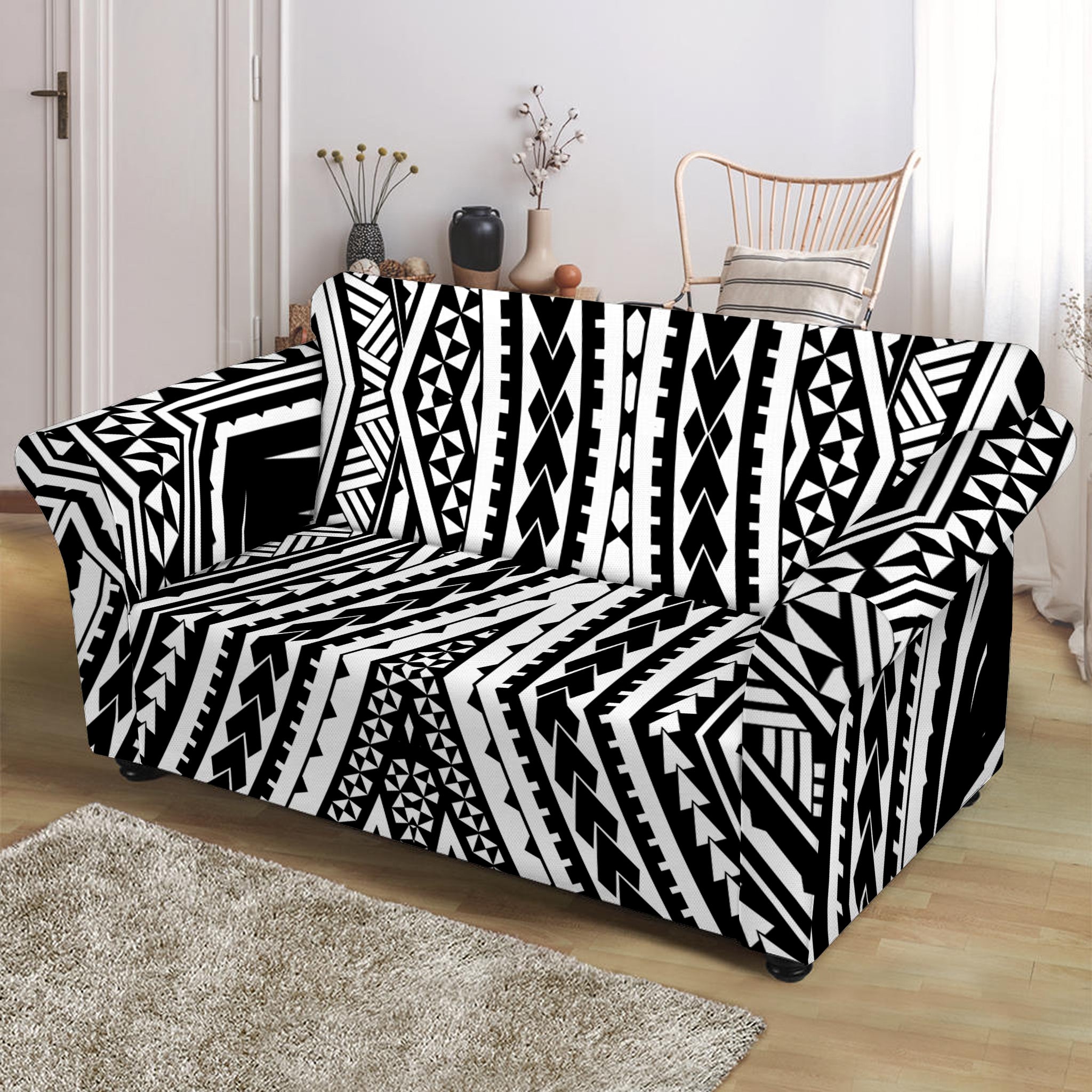 Black And White Maori Tattoo Print Loveseat Slipcover