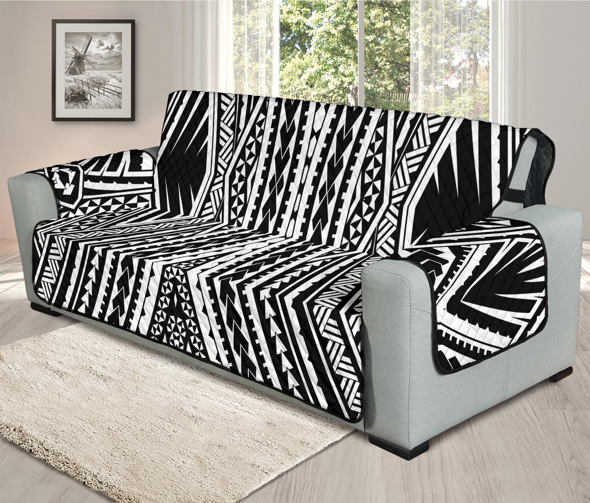 Black And White Maori Tattoo Print Oversized Sofa Protector