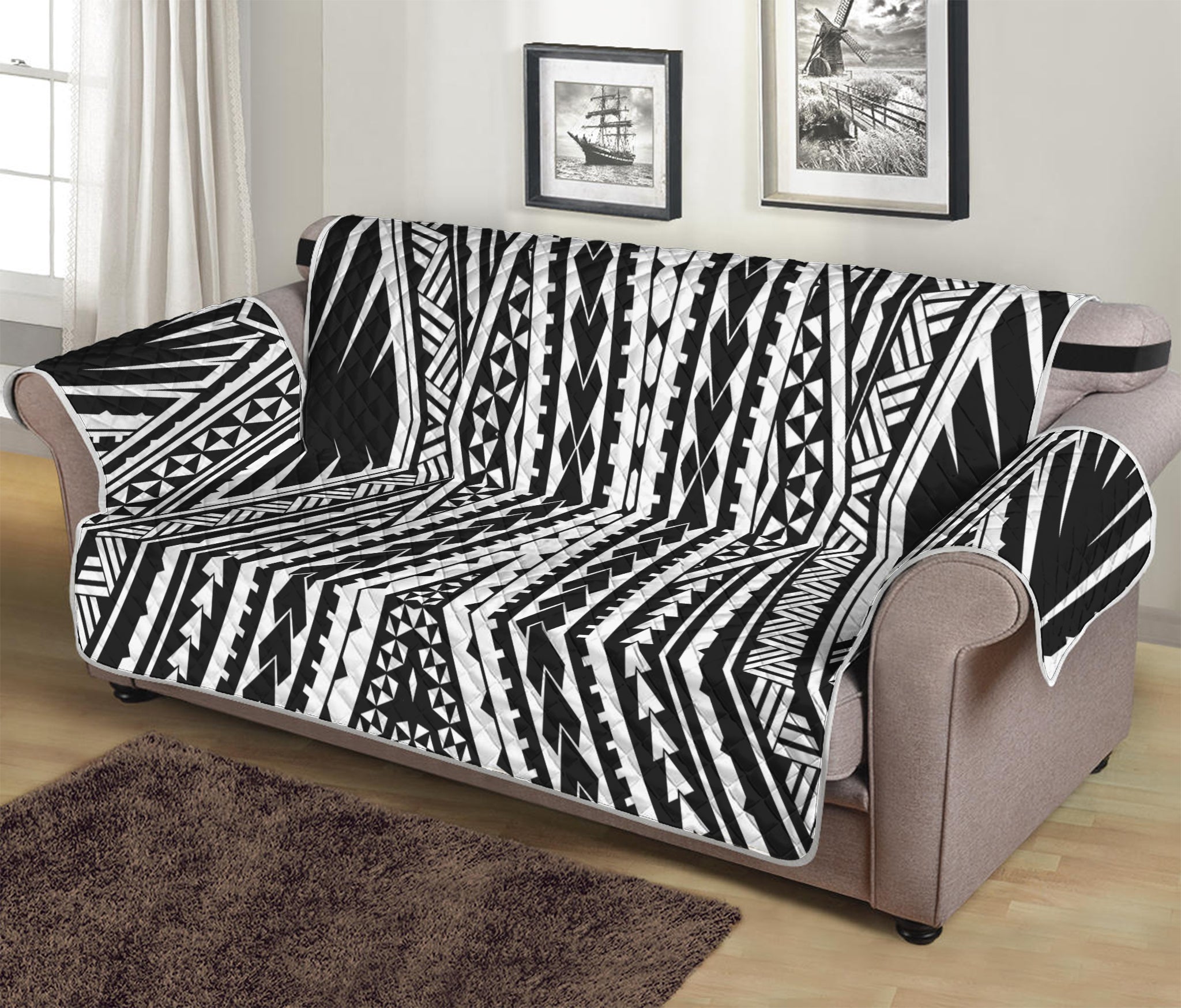 Black And White Maori Tattoo Print Sofa Protector