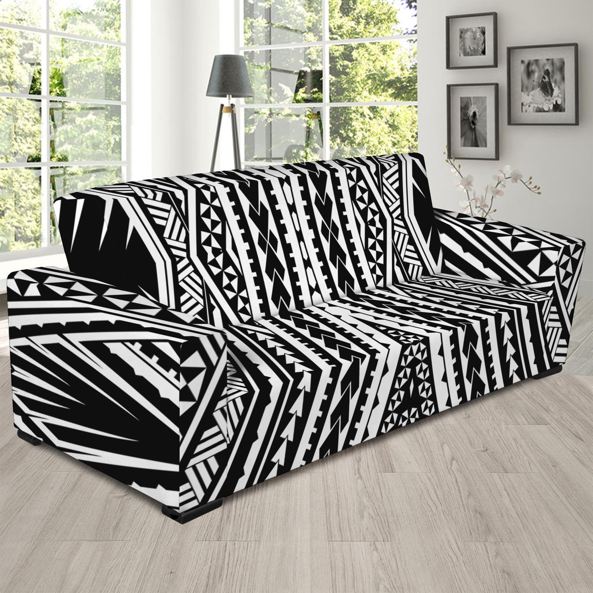 Black And White Maori Tattoo Print Sofa Slipcover