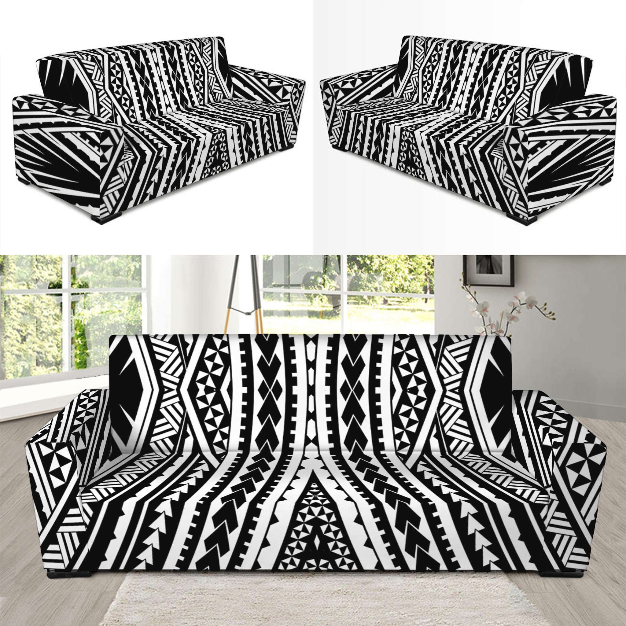 Black And White Maori Tattoo Print Sofa Slipcover