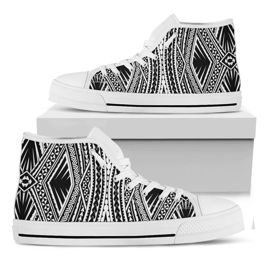 Black And White Maori Tattoo Print White High Top Shoes