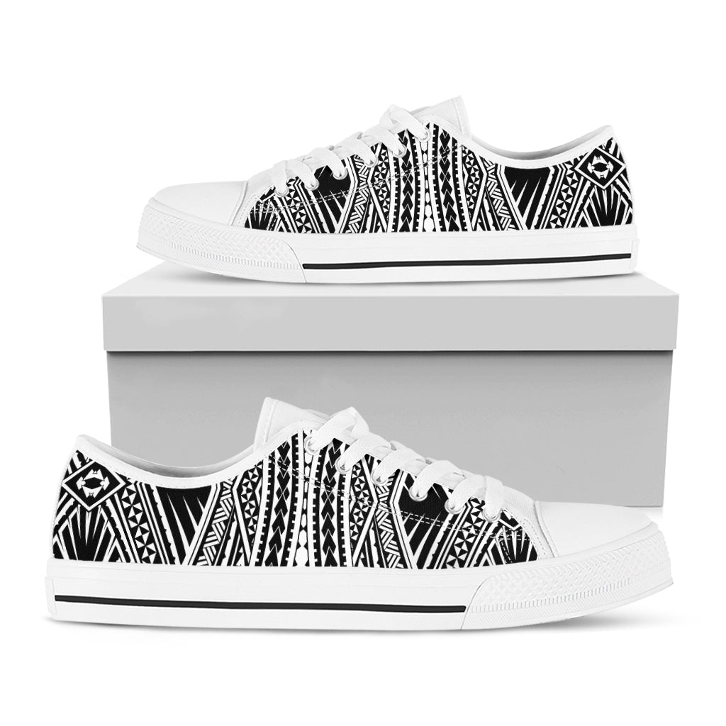 Black And White Maori Tattoo Print White Low Top Shoes