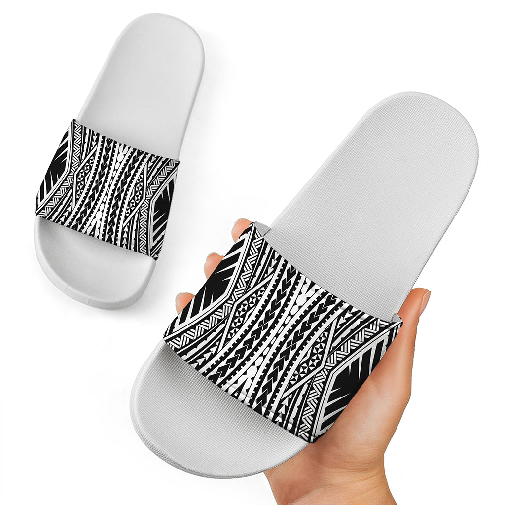 Black And White Maori Tattoo Print White Slide Sandals