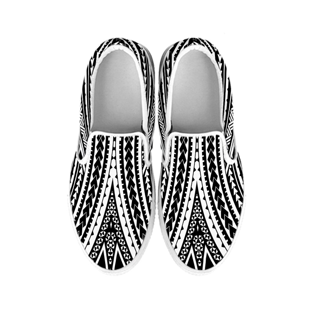 Black And White Maori Tattoo Print White Slip On Shoes