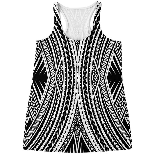 Black And White Maori Tattoo Print Women's Racerback Tank Top