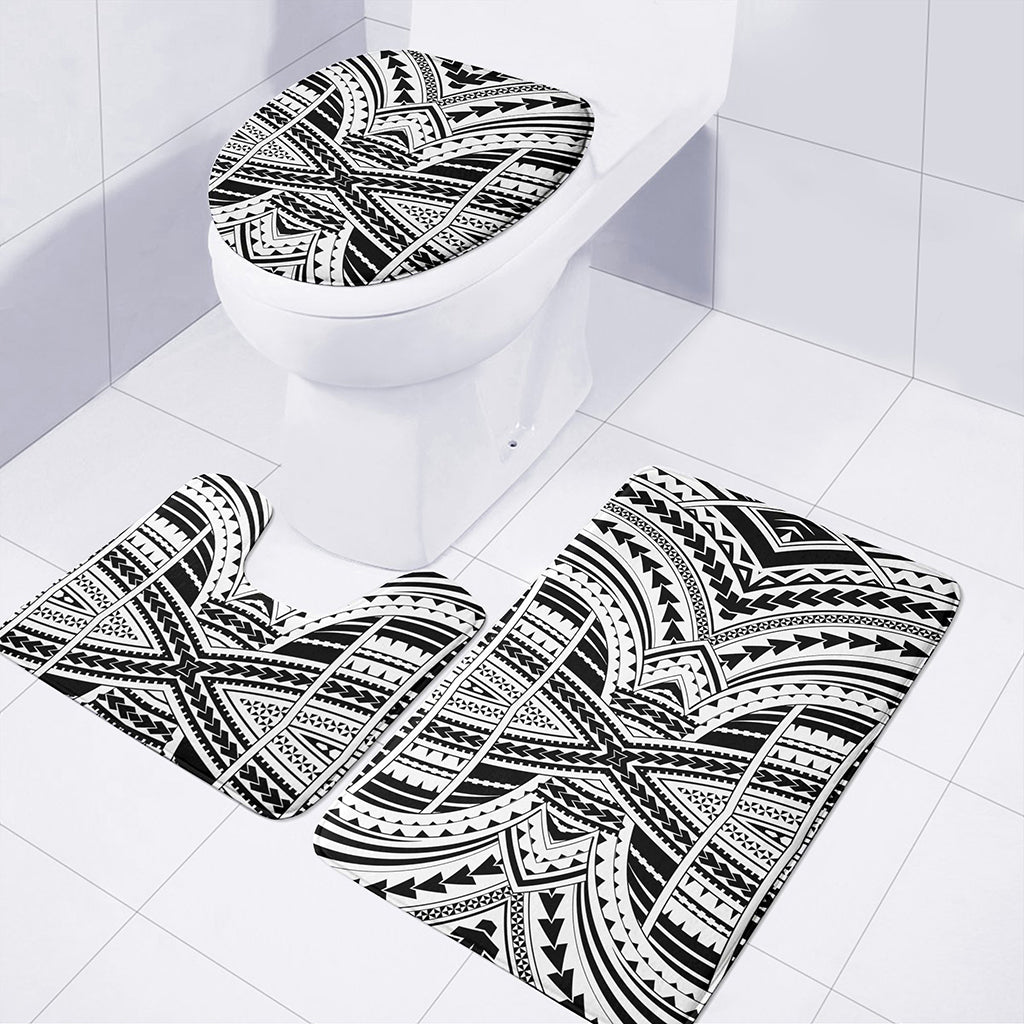 Black And White Maori Tribal Print 3 Piece Bath Mat Set