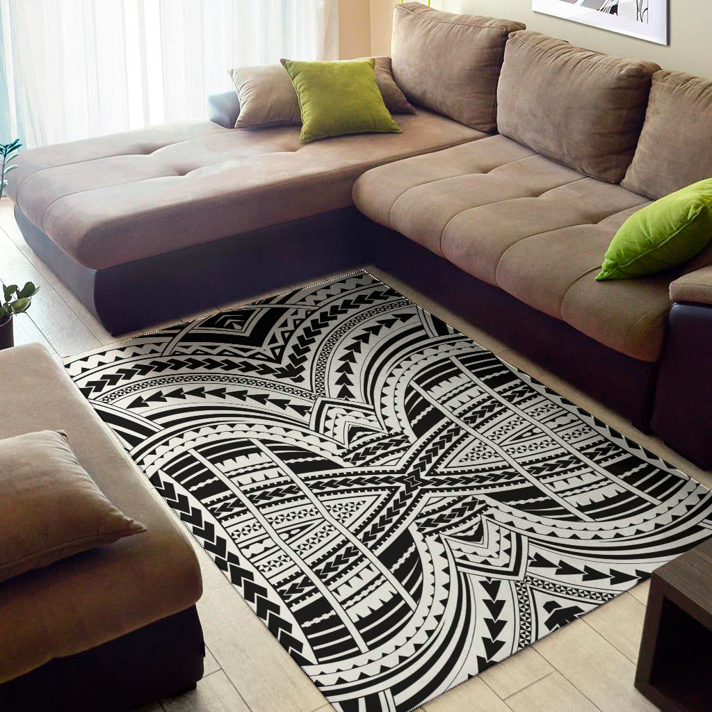 Black And White Maori Tribal Print Area Rug