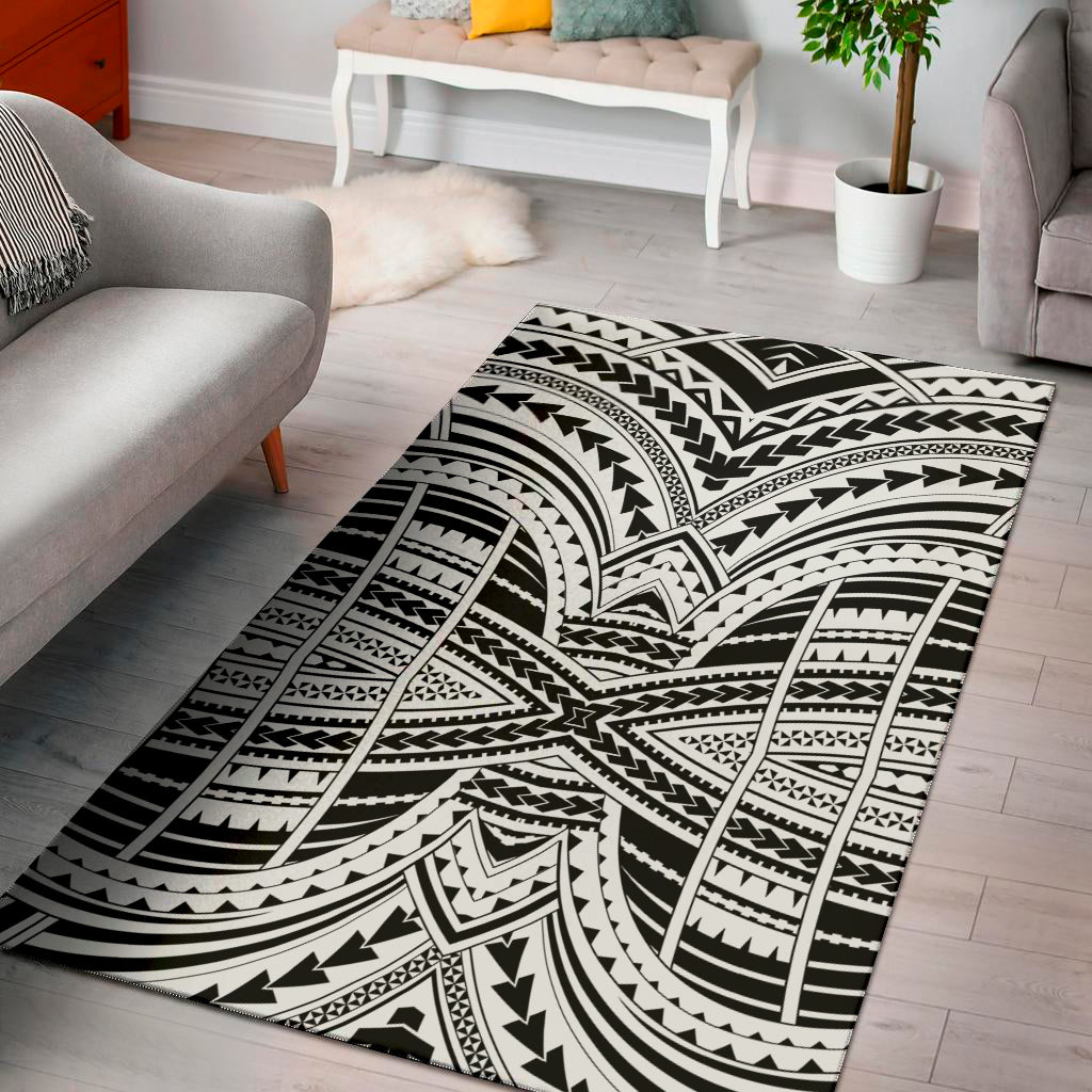 Black And White Maori Tribal Print Area Rug