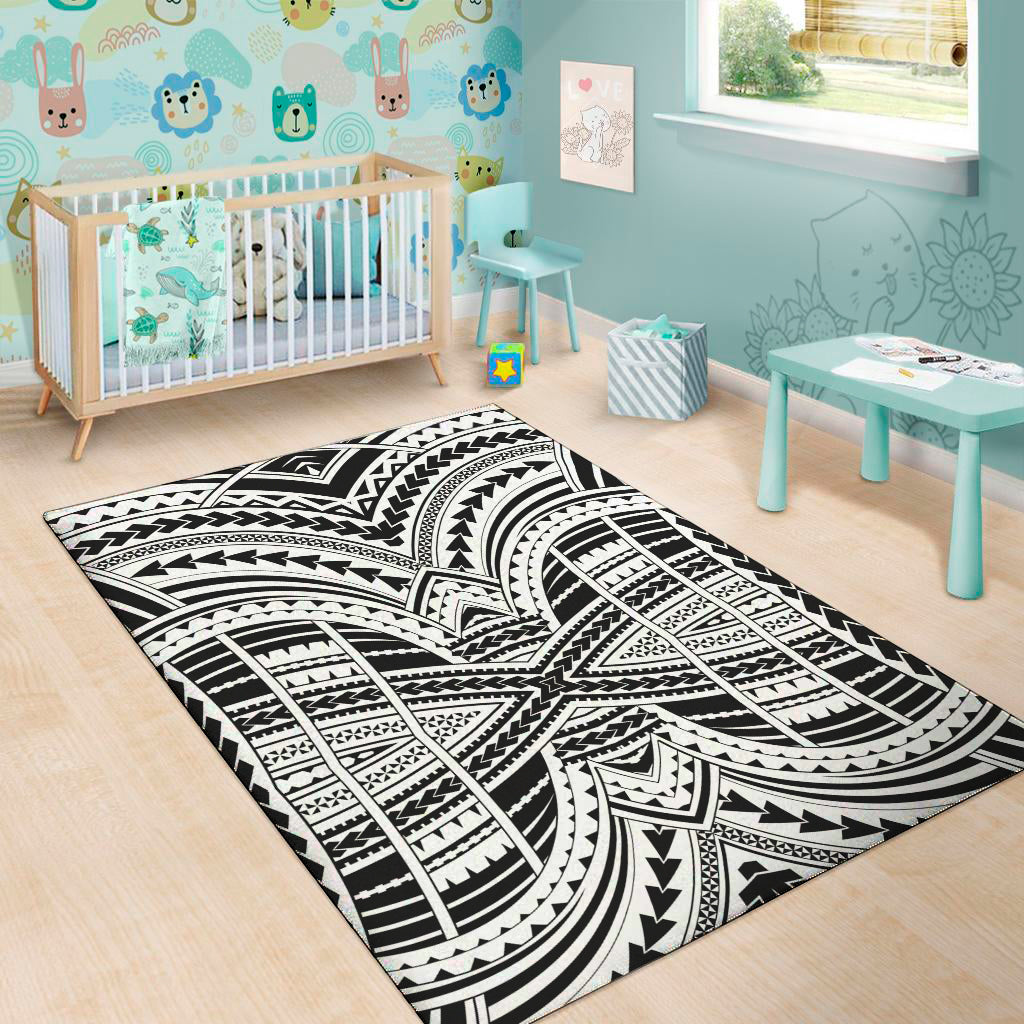 Black And White Maori Tribal Print Area Rug