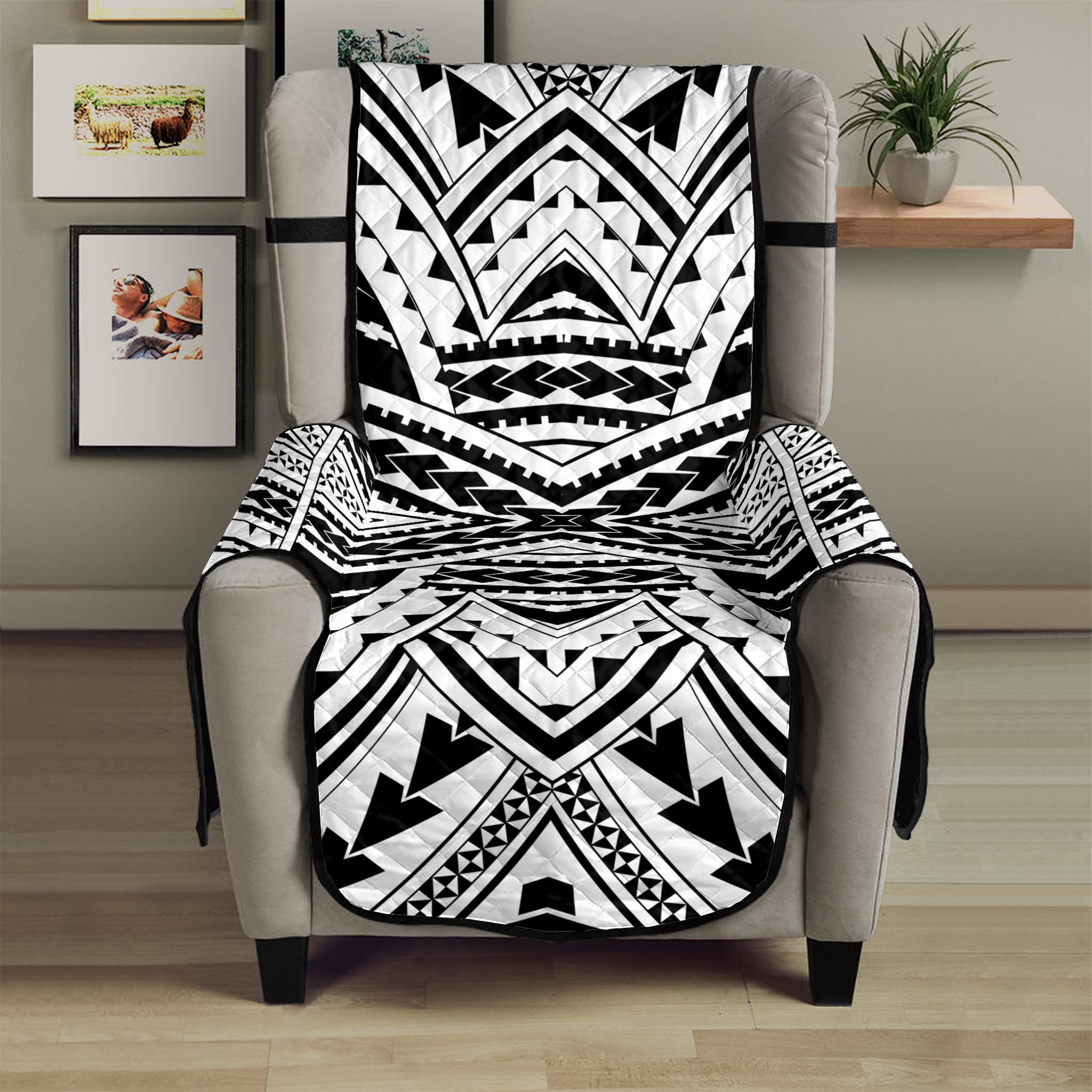 Black And White Maori Tribal Print Armchair Protector