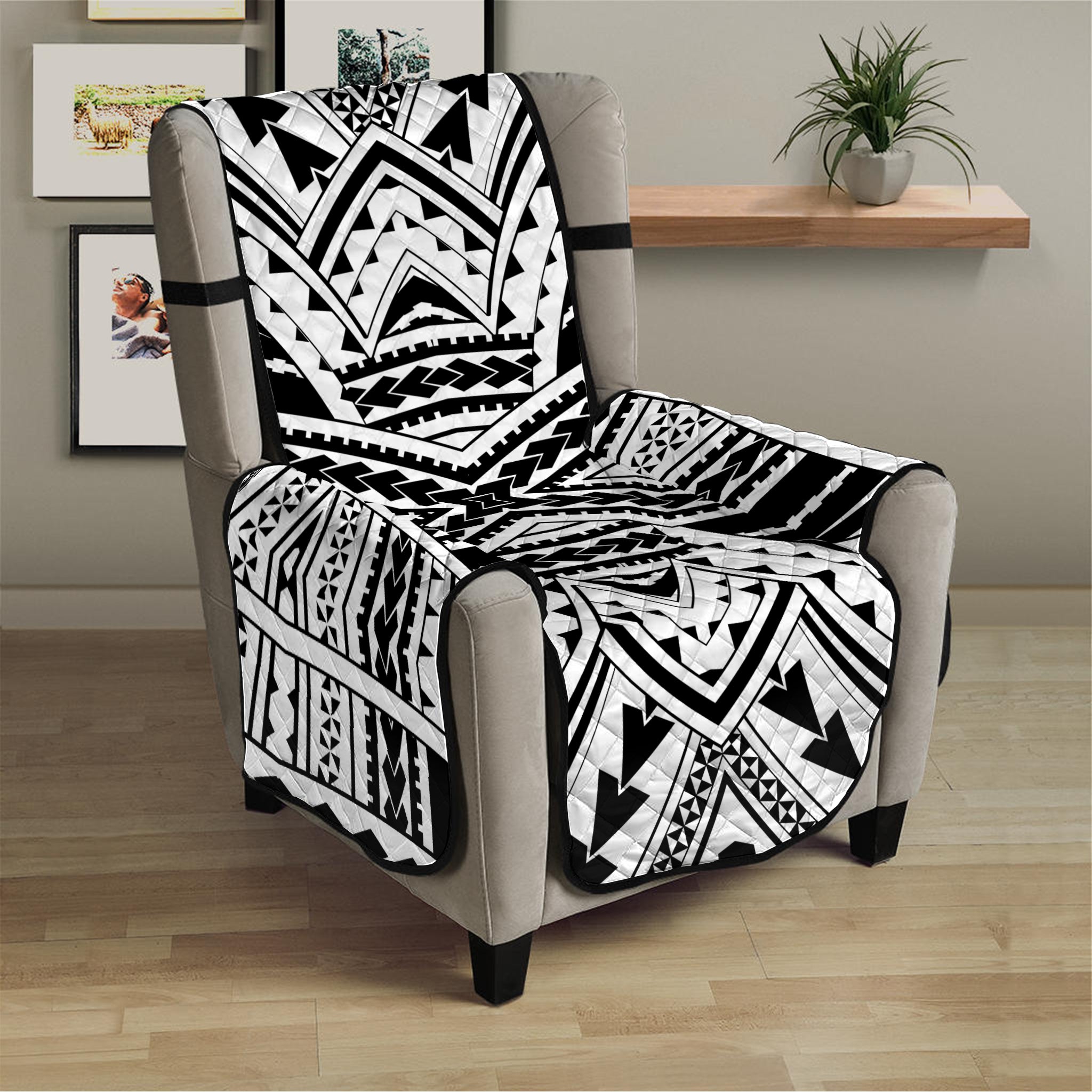 Black And White Maori Tribal Print Armchair Protector