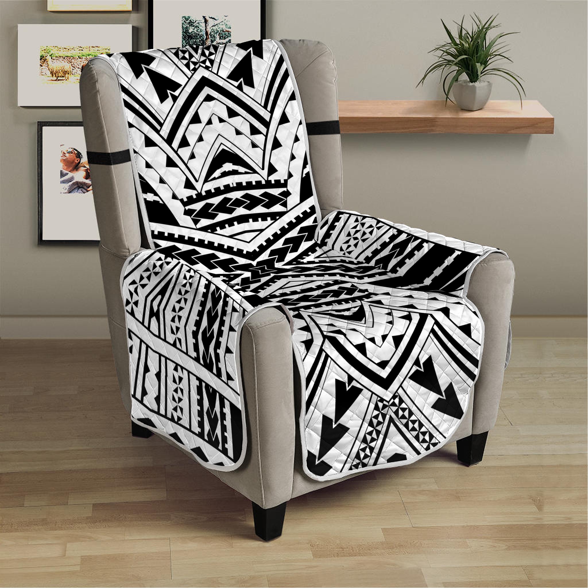 Black And White Maori Tribal Print Armchair Protector