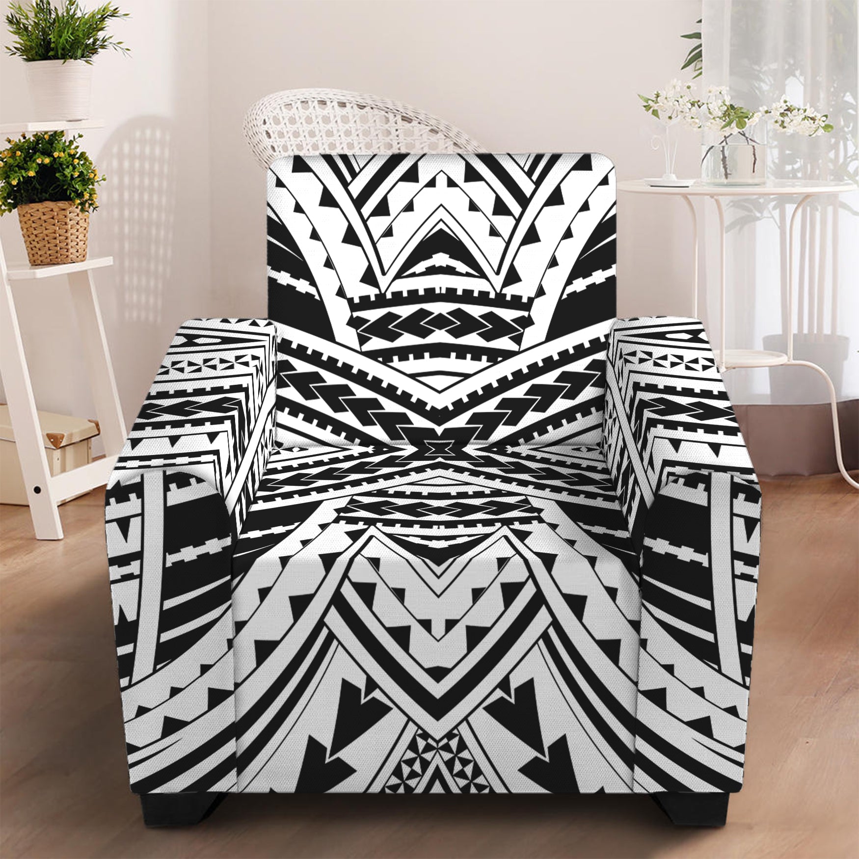 Black And White Maori Tribal Print Armchair Slipcover